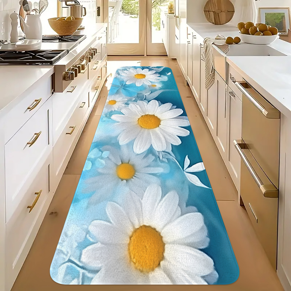 Commercial Kitchen Background - พรมปูพื้นห้องครัวลายดอกเดซี่สีขาวบนพื้นหลังสีน้ำเงิน พิมพ์ลายดอกไม้ กันลื่น ซักได้ พรมปูพื้นยาวสำหรับตกแต่งห้องครัวสไตล์ฟาร์มเฮาส์